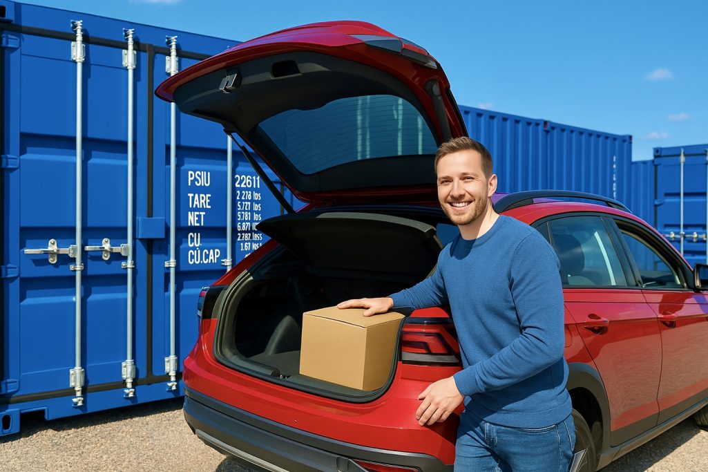 A man smiling next to a red car boot lid while open, with a cardboard box inside, set against blue containers.